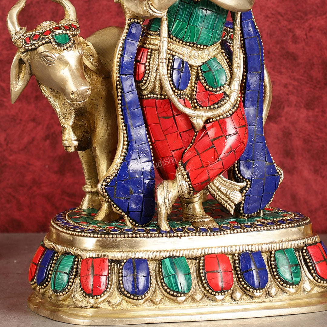 Exquisite Brass Lord Krishna Statue with cow idol 9"