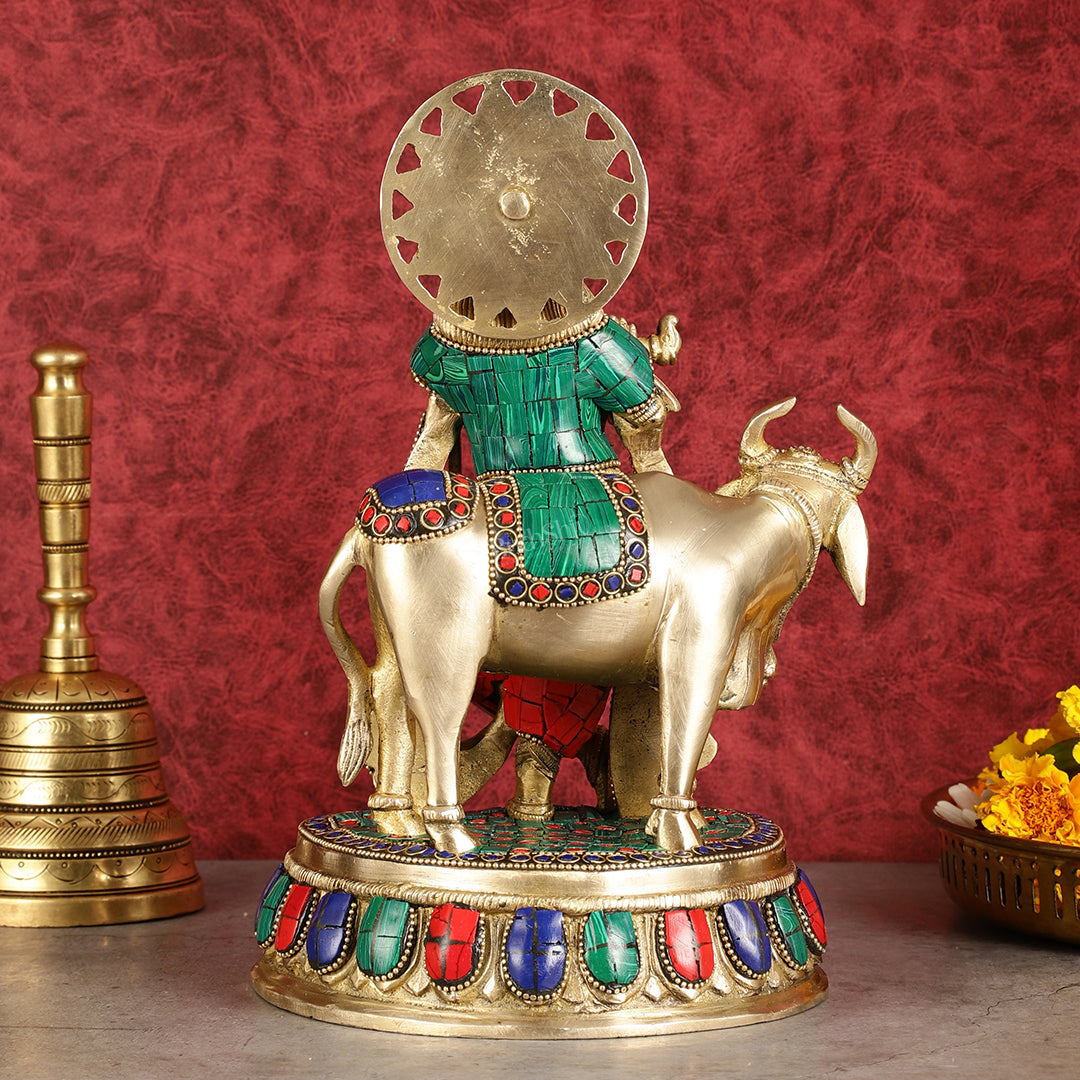 Exquisite Brass Lord Krishna Statue with cow idol 9"