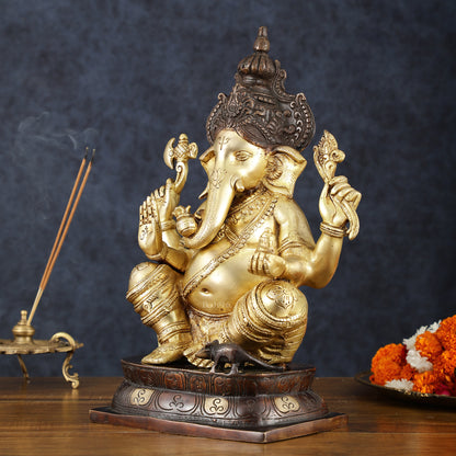 Brass Ganapati Idol – Handcrafted with Right-Side Trunk, 16" Height