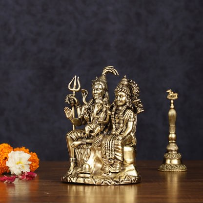 Pure Brass Shiv Parivar with Shiva, Parvati, and Ganesha - Intricate Lightweight Idol, 6" Tall