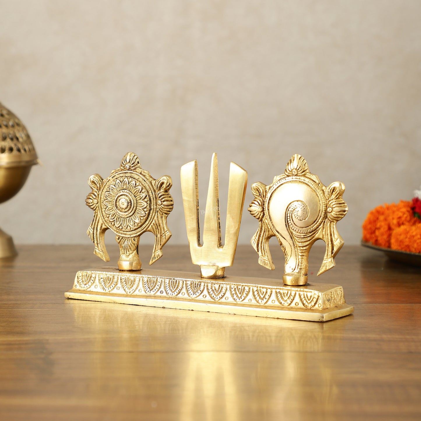 Elegant Pure Brass Shankh Chakra Namah Symbol – 4 Inch Height