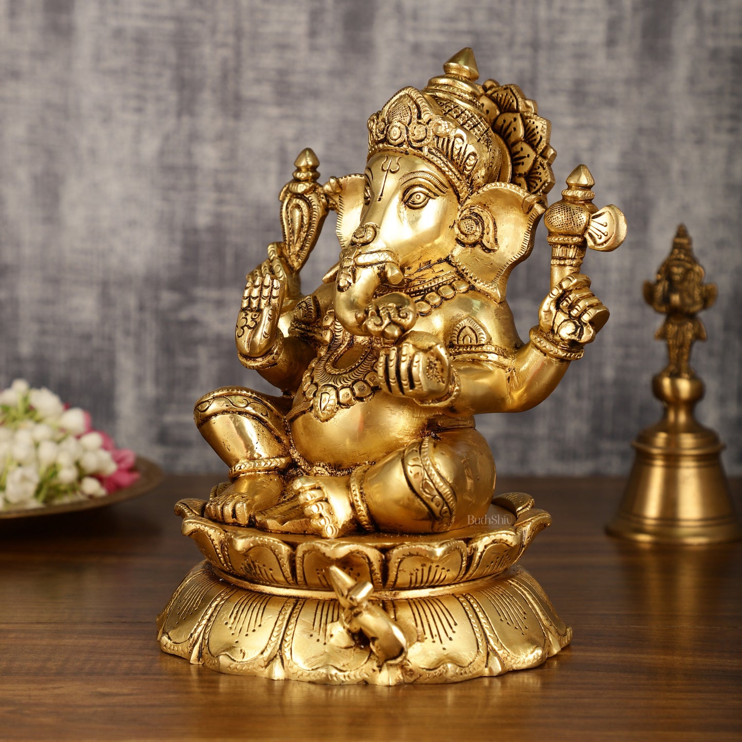 Brass Superfine Ganesha on lotus Statue | 9.5 Inch Height