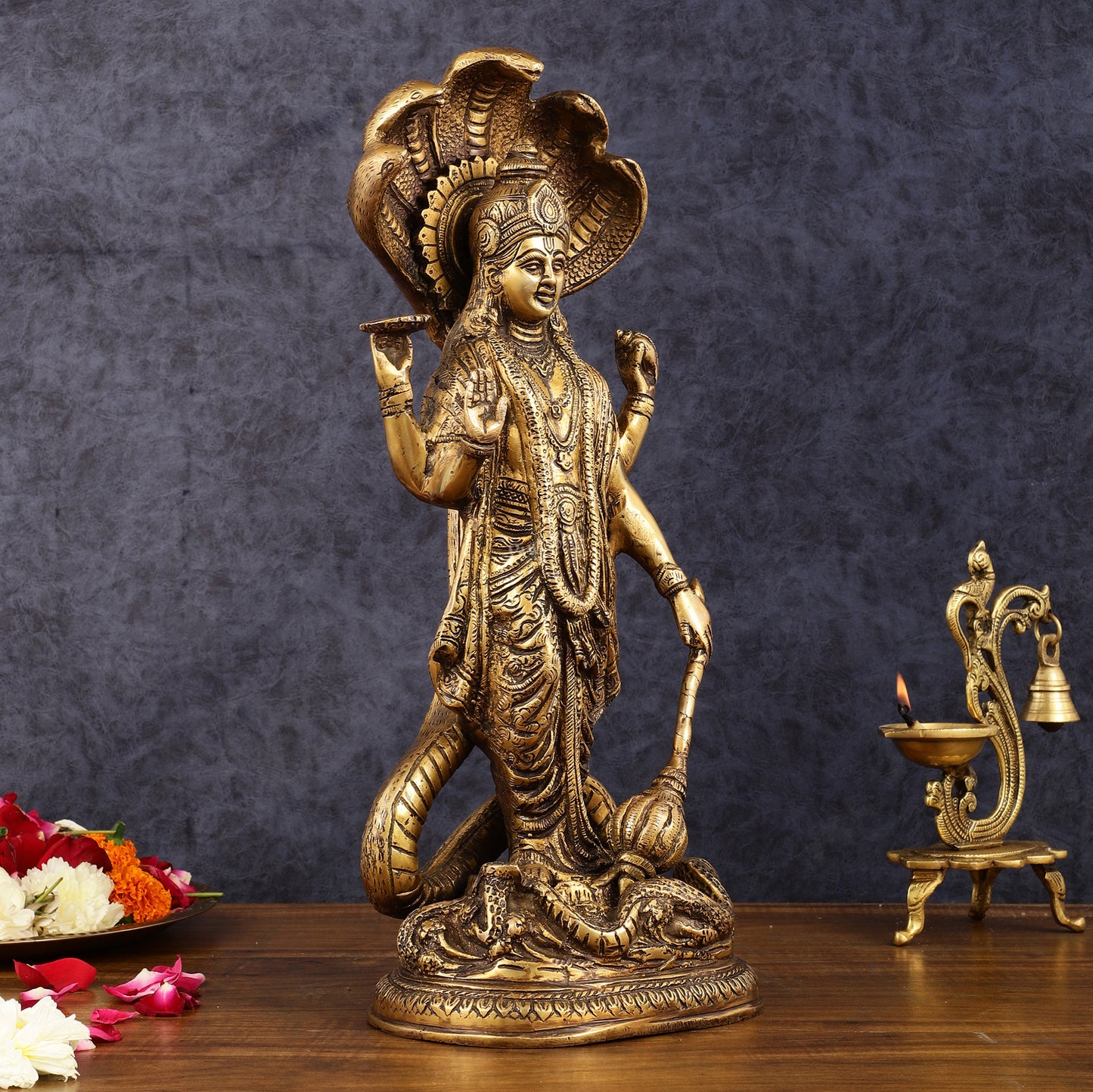 Brass Lord Vishnu Standing Idol with Sheshanaag antique 17 inch