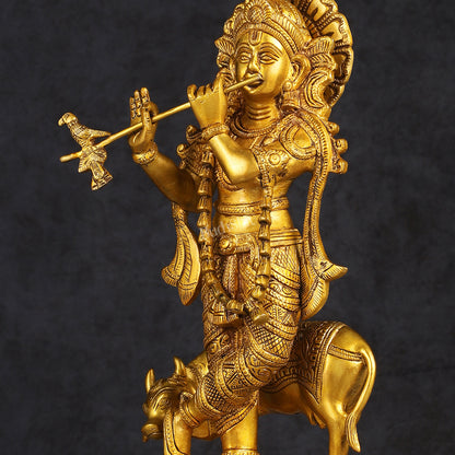 Pure Brass Standing Lord Krishna with Cow Statue 15 inch