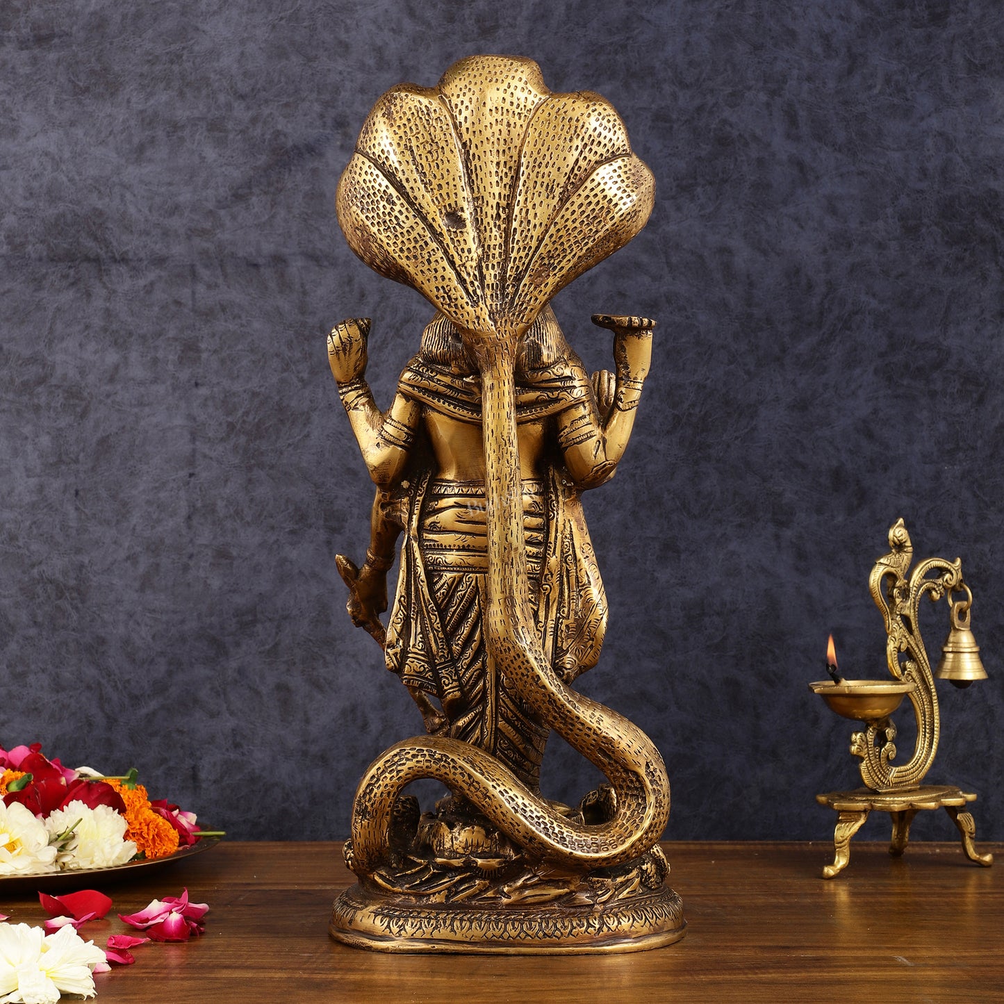 Brass Lord Vishnu Standing Idol with Sheshanaag antique 17 inch