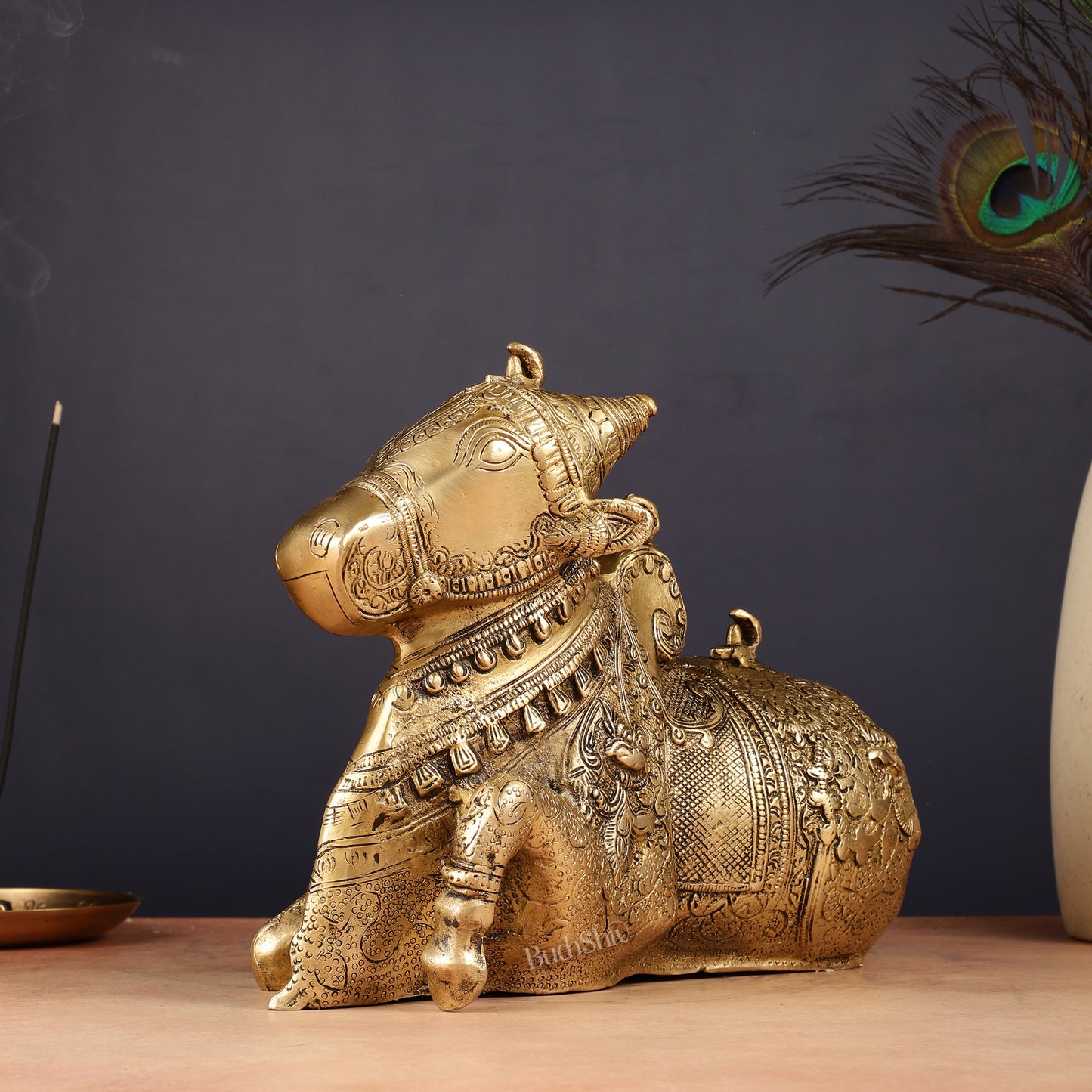 Pure Brass Fully Carved Nandi Statue - 8" matte gold