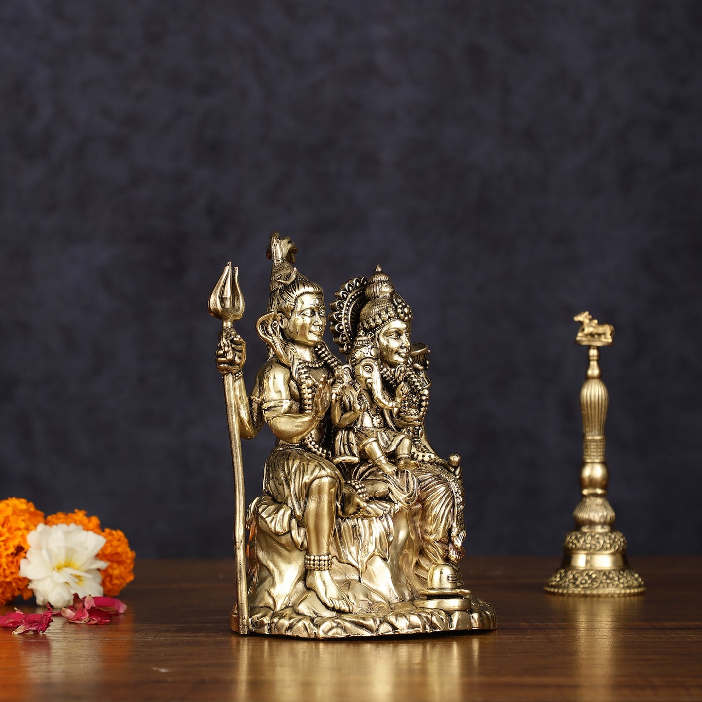 Pure Brass Shiv Parivar with Shiva, Parvati, and Ganesha - Intricate Lightweight Idol, 6" Tall