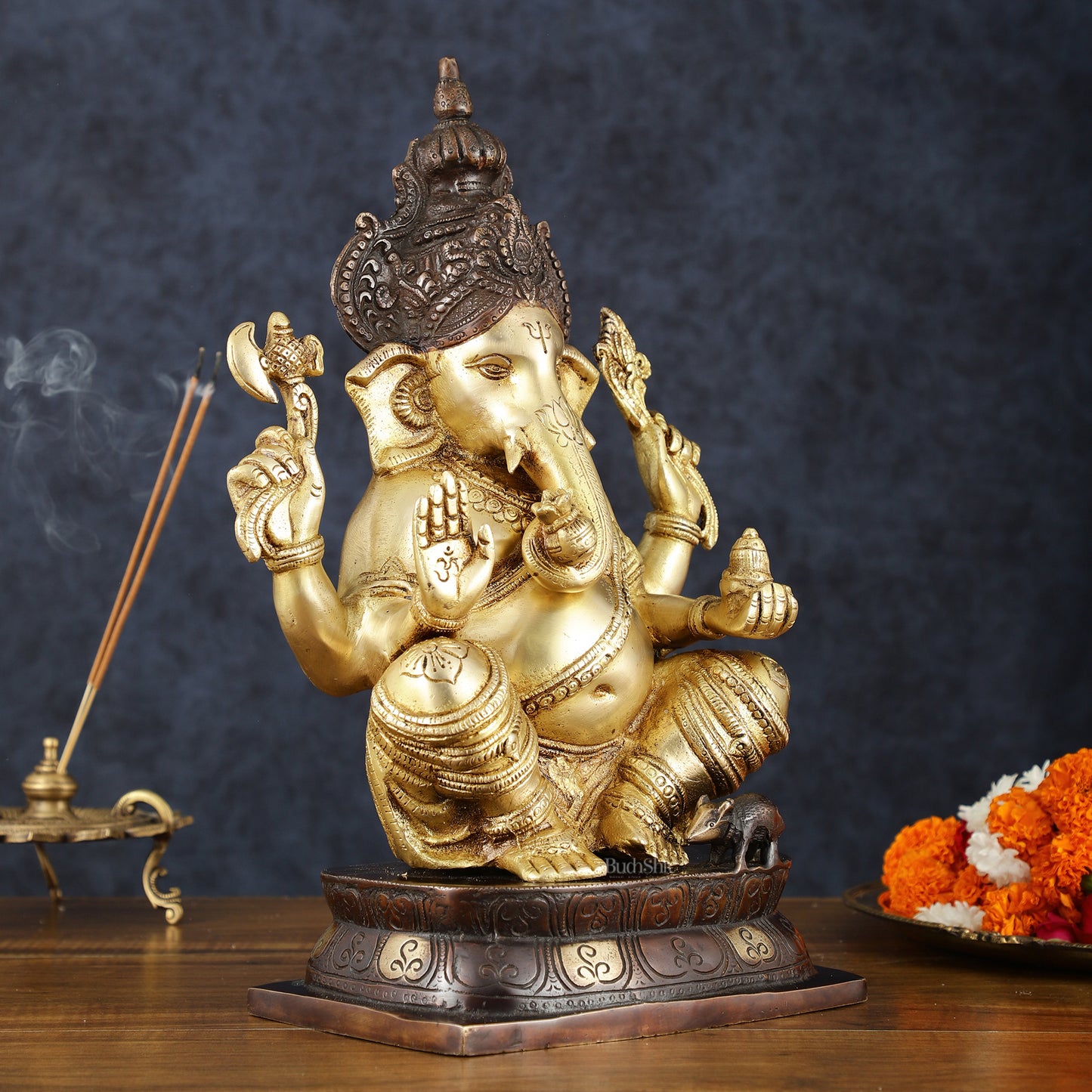 Brass Ganapati Idol – Handcrafted with Right-Side Trunk, 16" Height