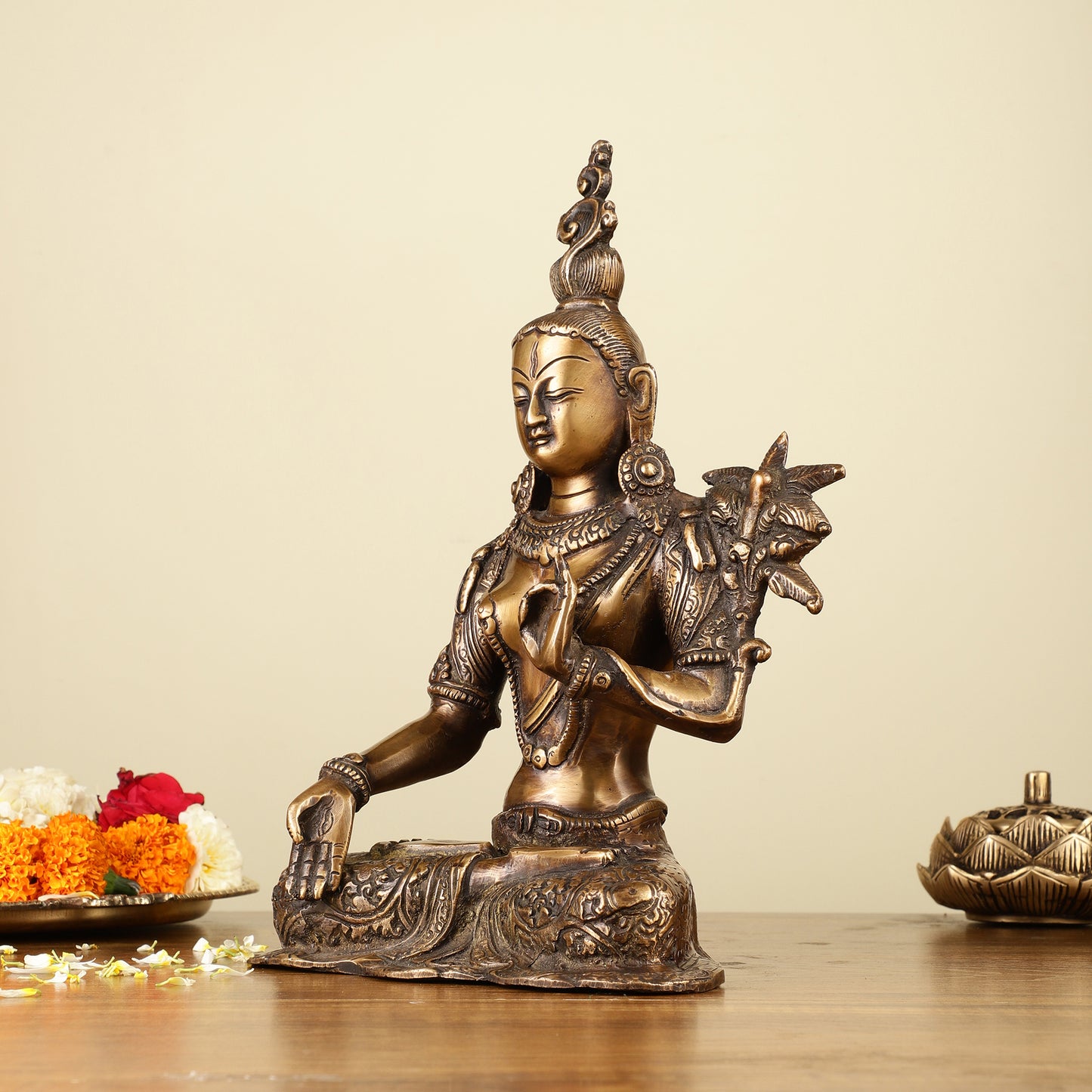 Pure Brass White Tara Devi Idol  10.5"