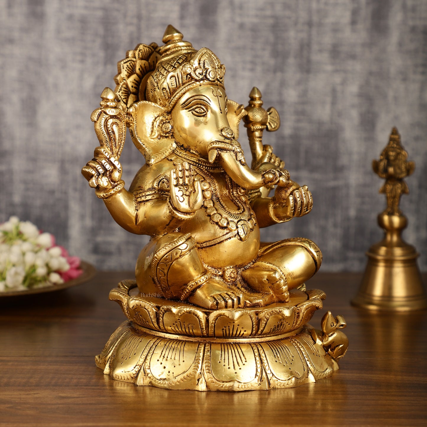 Brass Superfine Ganesha on lotus Statue | 9.5 Inch Height