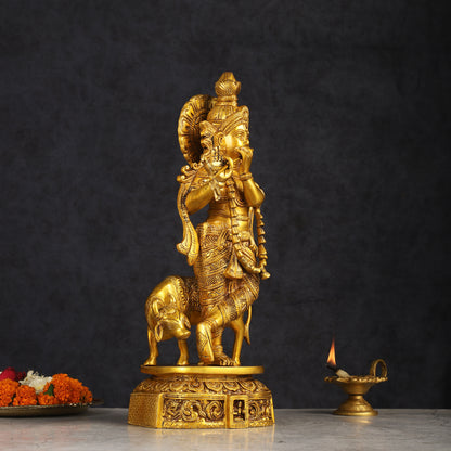 Pure Brass Standing Lord Krishna with Cow Statue 15 inch