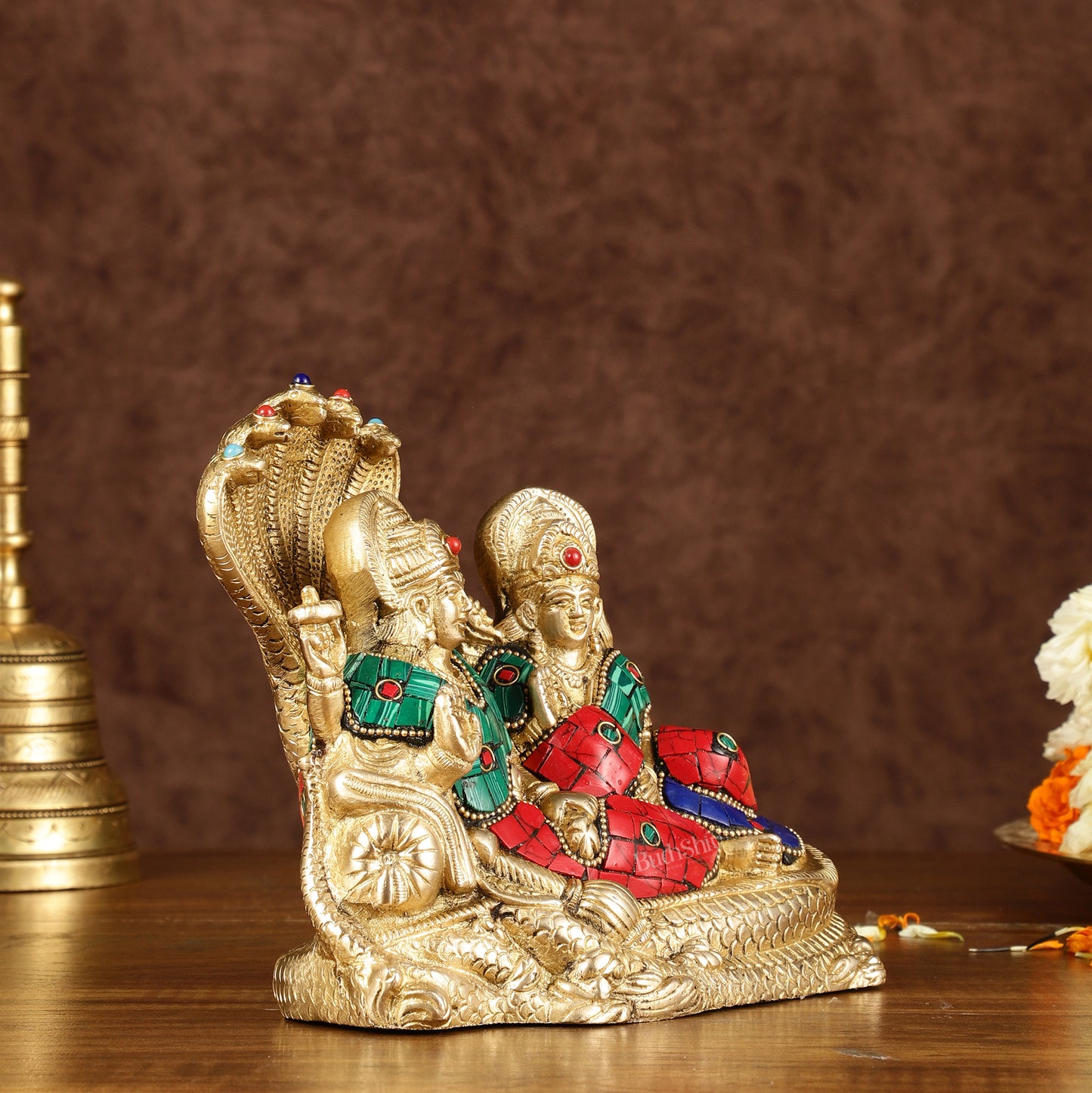 Lakshmi Narayan/ Vishnu Lakshmi brass idol resting on Sheshnaag Golden finish