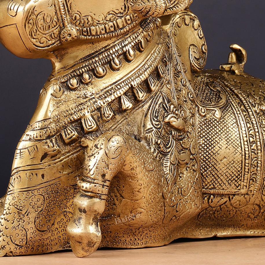 Pure Brass Fully Carved Nandi Statue - 8" matte gold