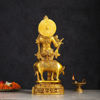 Pure Brass Standing Lord Krishna with Cow Statue 15 inch