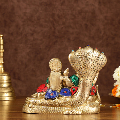 Lakshmi Narayan/ Vishnu Lakshmi brass idol resting on Sheshnaag Golden finish