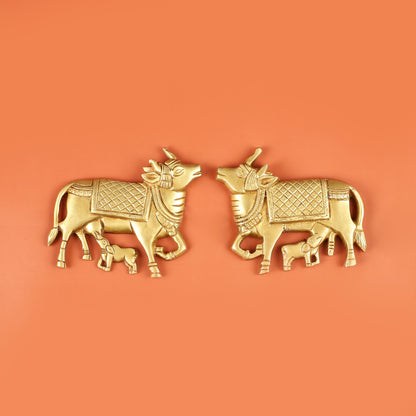 Pure Brass Pichwai Cow and Calf Wall Hanging - 5"x5.5" | Elegant Decor