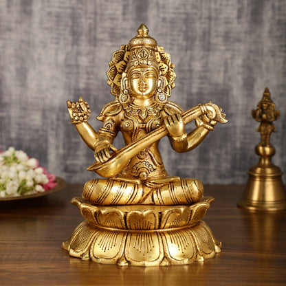 Brass Superfine Saraswati Statue on Lotus | 9 Inch