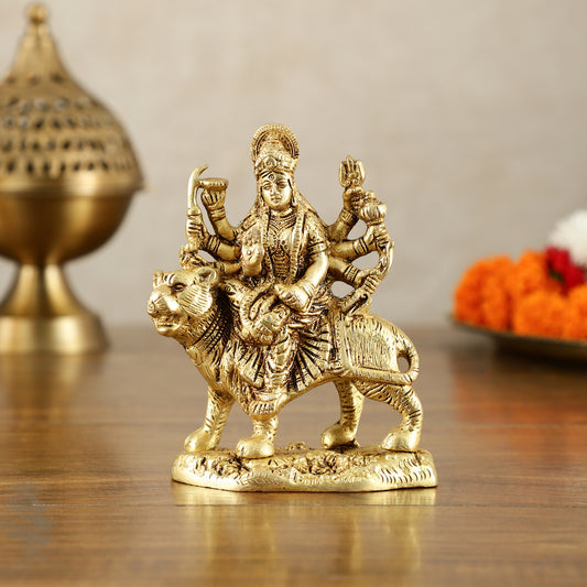 Pure Brass Goddess Durga Sitting on Tiger Idol - 6 Inch