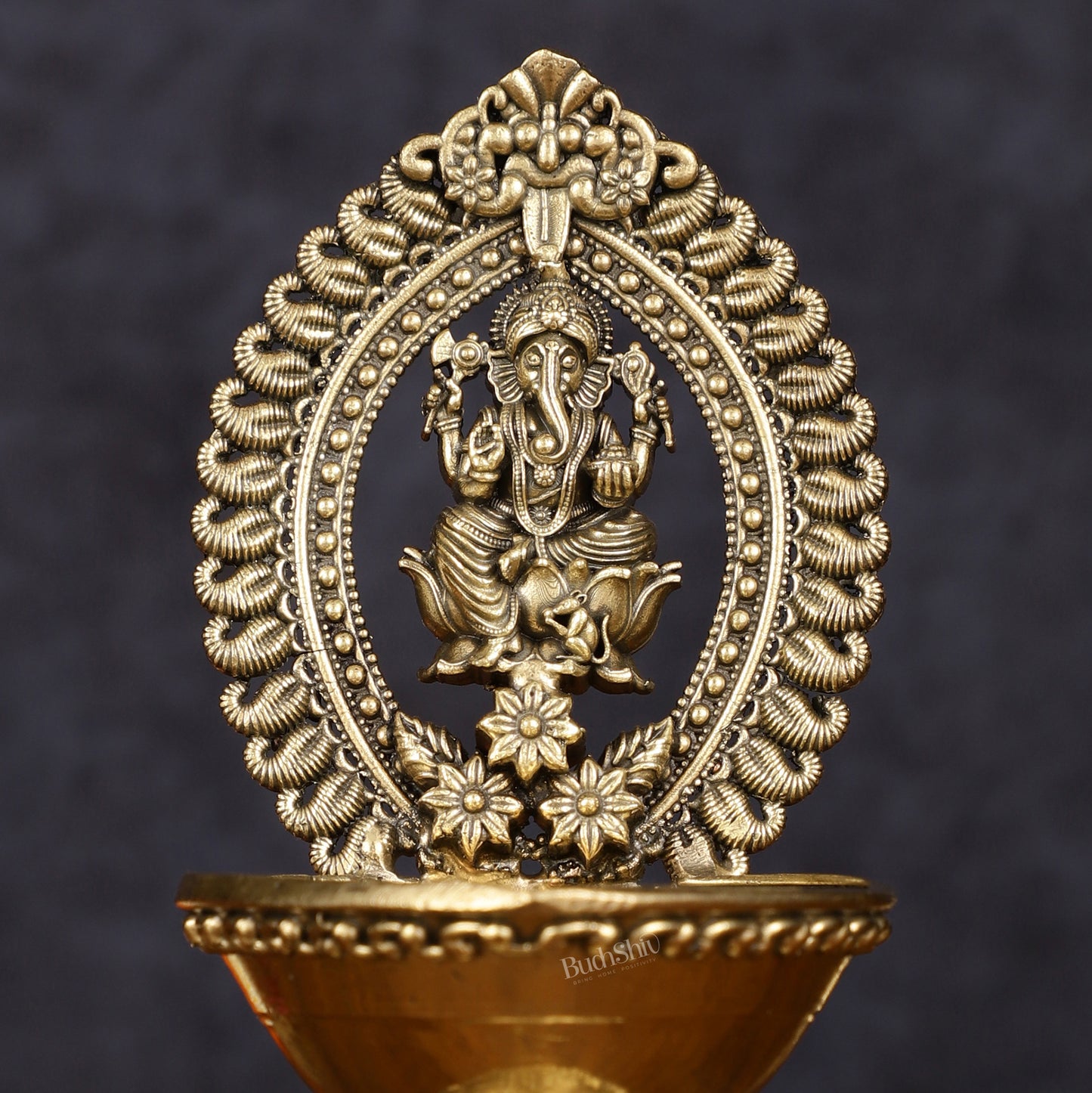 Brass Intricately Carved Ganesha Oil Lamp Diya - 6" Tall