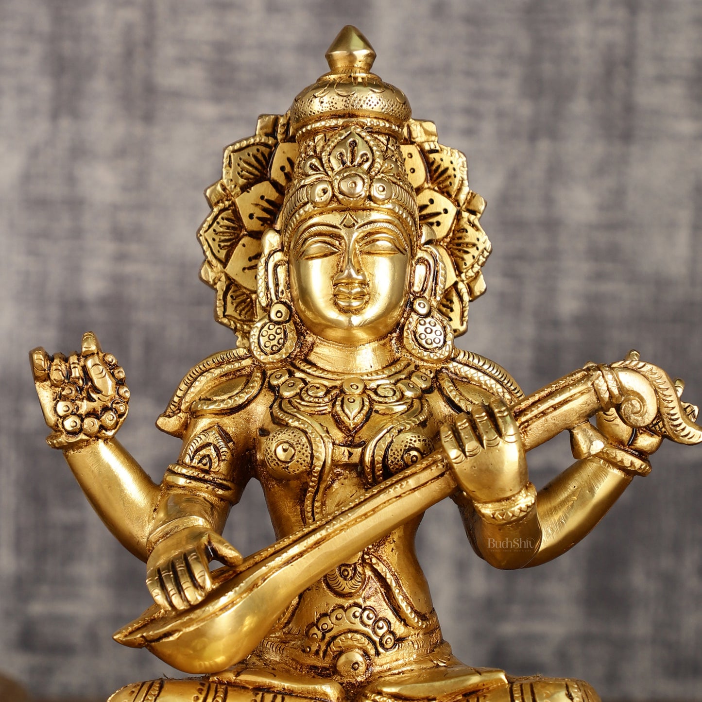 Brass Superfine Saraswati Statue on Lotus | 9 Inch