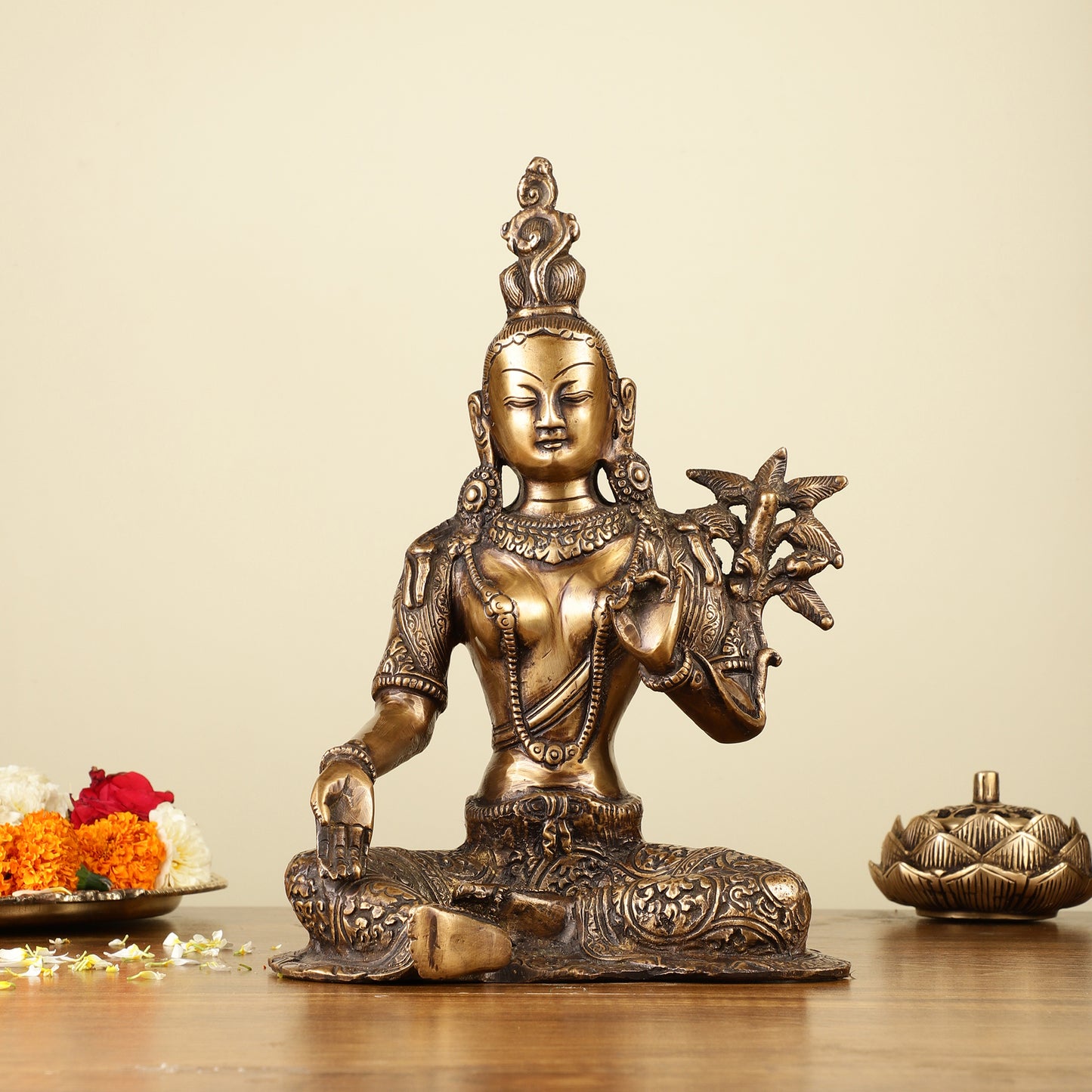 Pure Brass Green Tara Devi Idol 10.5"