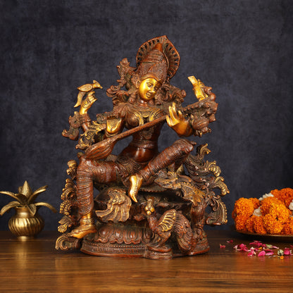 Exquisite Brass Bronze Finish Saraswati Idol - 16" Divine Sculpture