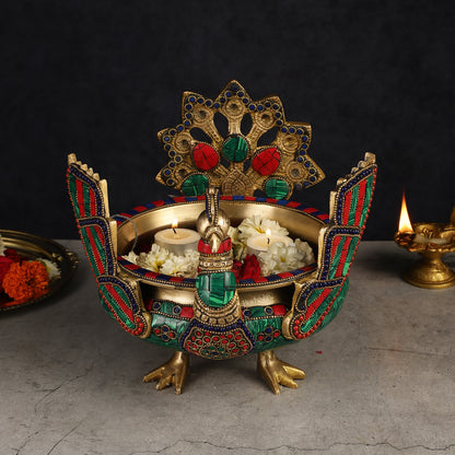 Brass Peacock Shaped Urli Bowl with Stand - Exquisite Decorative Accent