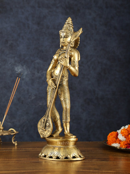 Brass Superfine Standing Goddess Saraswati Idol – 18" Height, Unique Design