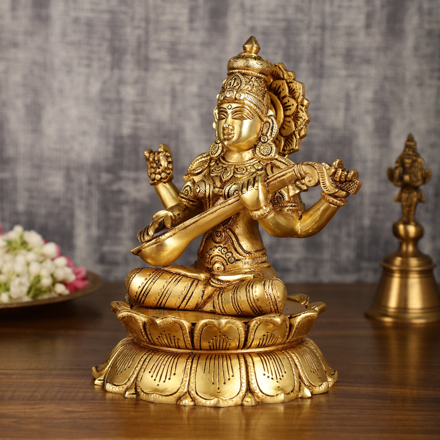 Brass Superfine Saraswati Statue on Lotus | 9 Inch