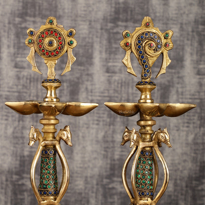 Colourful Brass Shankh Chakra Lamps - | 15 inch