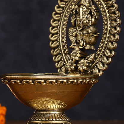 Brass Intricately Carved Ganesha Oil Lamp Diya - 6" Tall