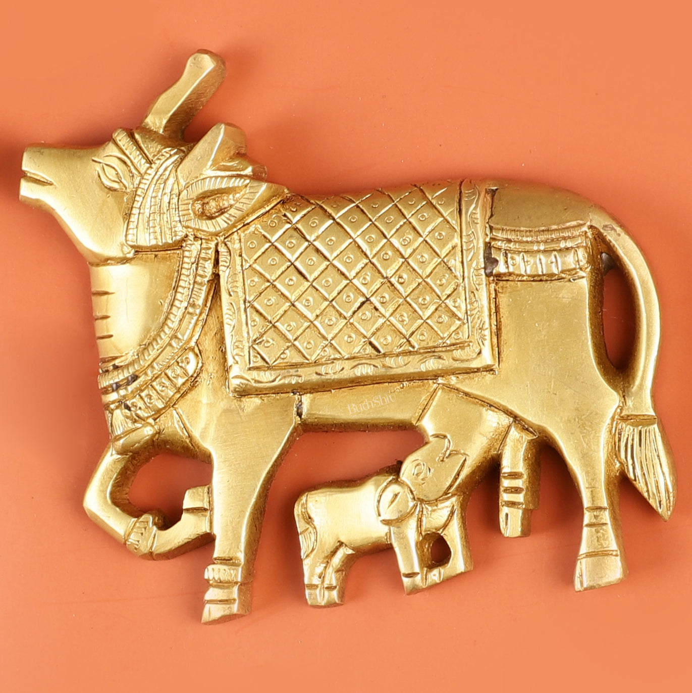 Pure Brass Pichwai Cow and Calf Wall Hanging - 5"x5.5" | Elegant Decor