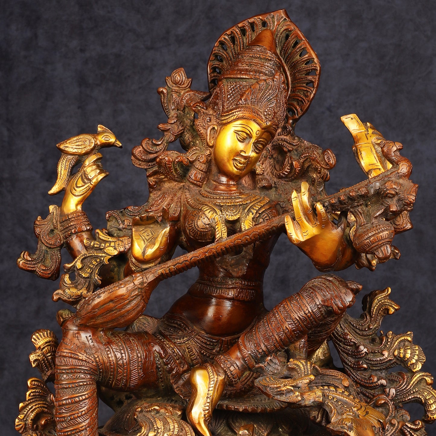 Exquisite Brass Bronze Finish Saraswati Idol - 16" Divine Sculpture