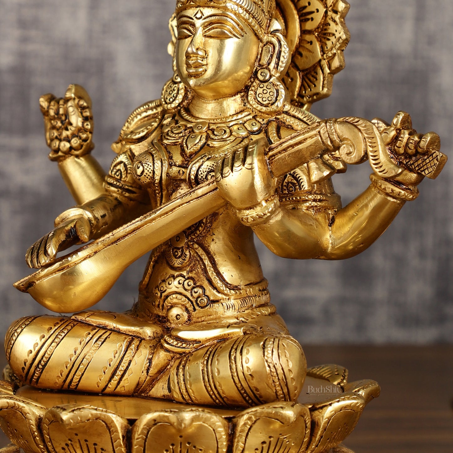 Brass Superfine Saraswati Statue on Lotus | 9 Inch