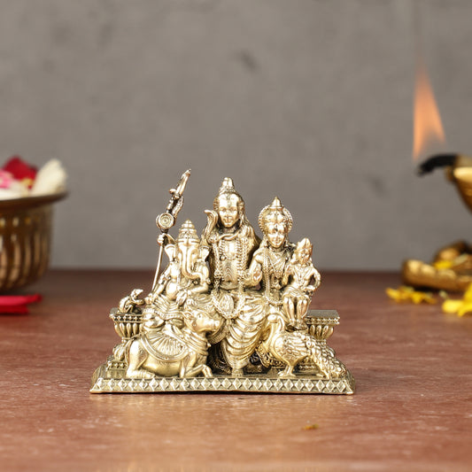 Intricate Lightweight Pure Brass Miniature Shiv Parivar Idol - 2-inch