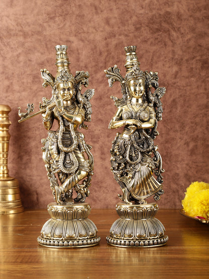 Pure Brass Superfine Radha Krishna Idols - Intricately Carved - 11" Tall