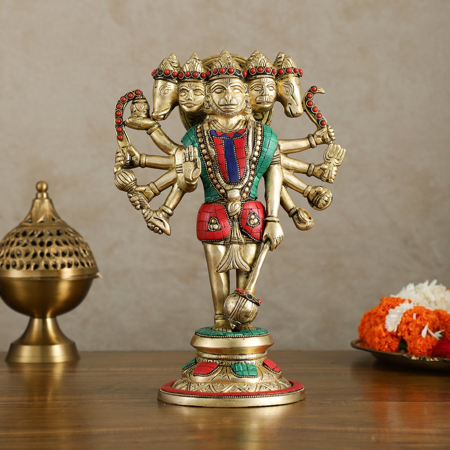 Brass Standing Panchmukhi Hanuman Idol 12 inch with stonework