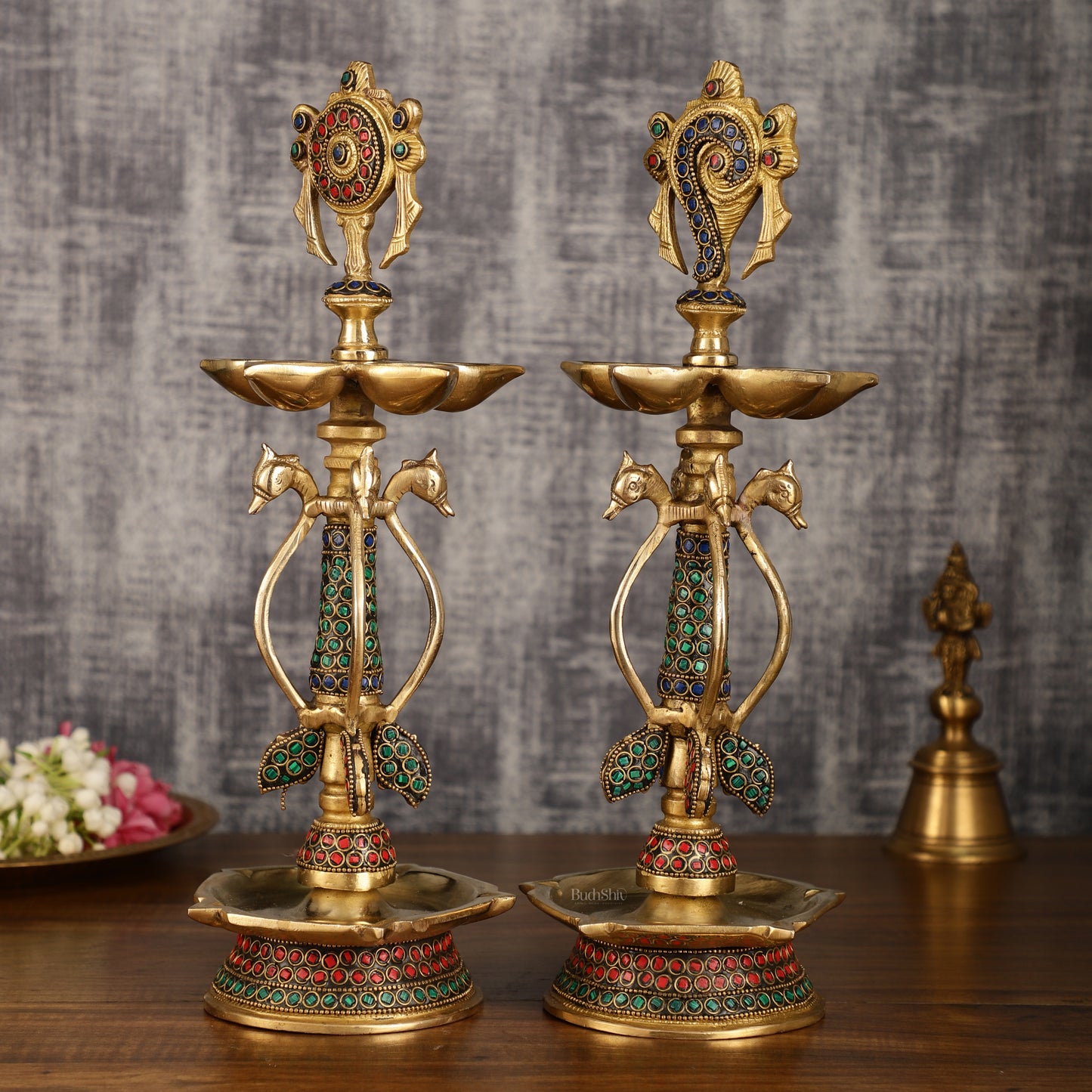 Colourful Brass Shankh Chakra Lamps - | 15 inch