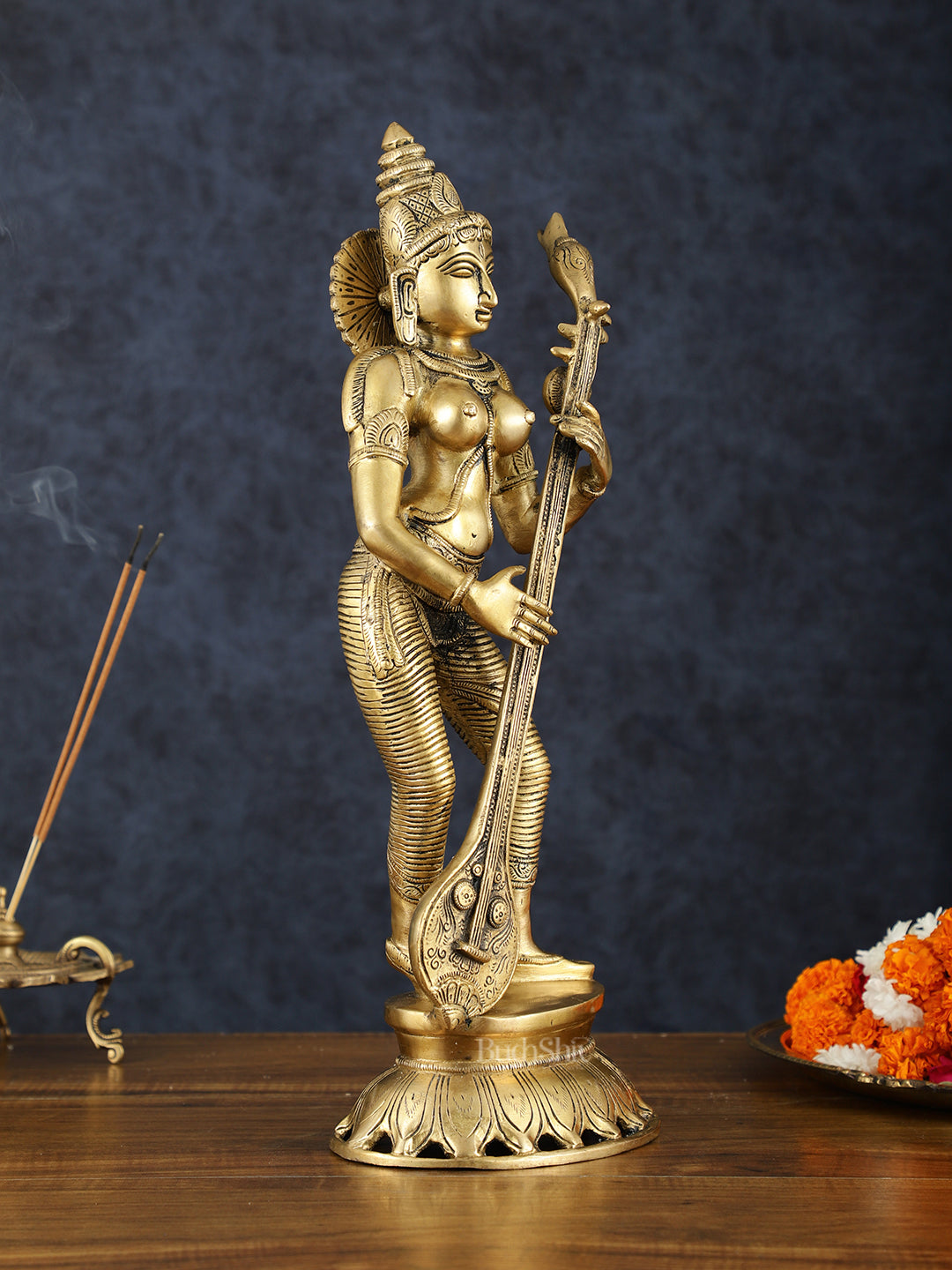 Brass Superfine Standing Goddess Saraswati Idol – 18" Height, Unique Design