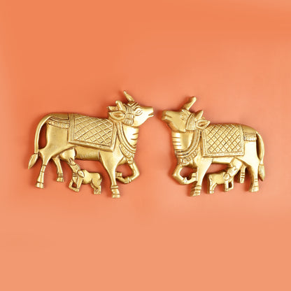 Pure Brass Pichwai Cow and Calf Wall Hanging - 5"x5.5" | Elegant Decor