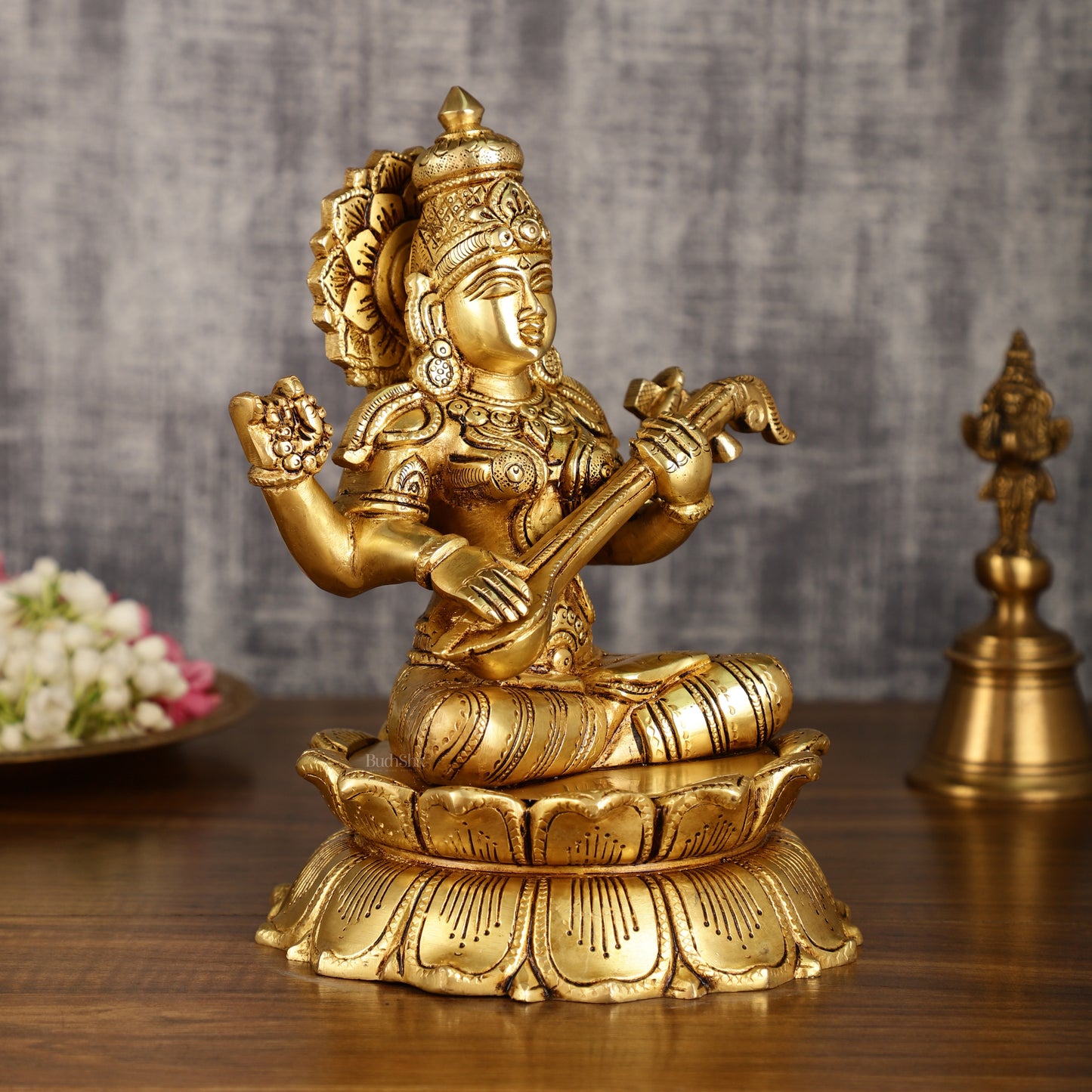 Brass Superfine Saraswati Statue on Lotus | 9 Inch