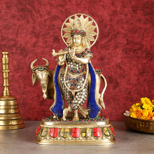 Exquisite Brass Lord Krishna Statue with cow idol 9"
