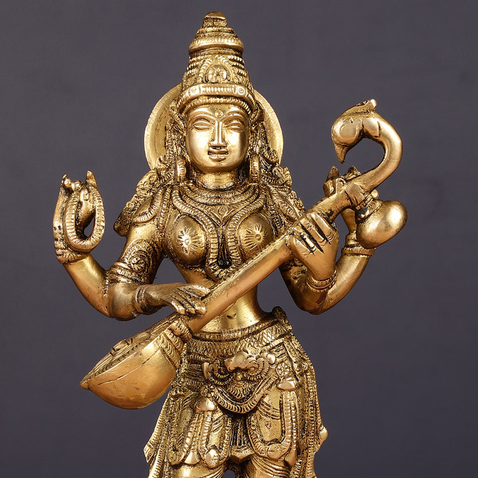 Brass Standing Saraswati Idol 10"