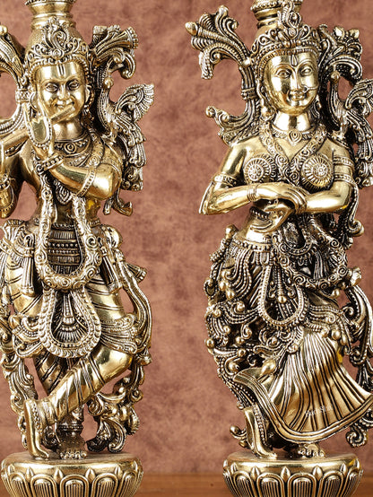 Pure Brass Superfine Radha Krishna Idols - Intricately Carved - 11" Tall