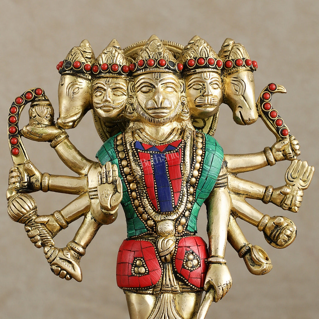 Brass Standing Panchmukhi Hanuman Idol 12 inch with stonework