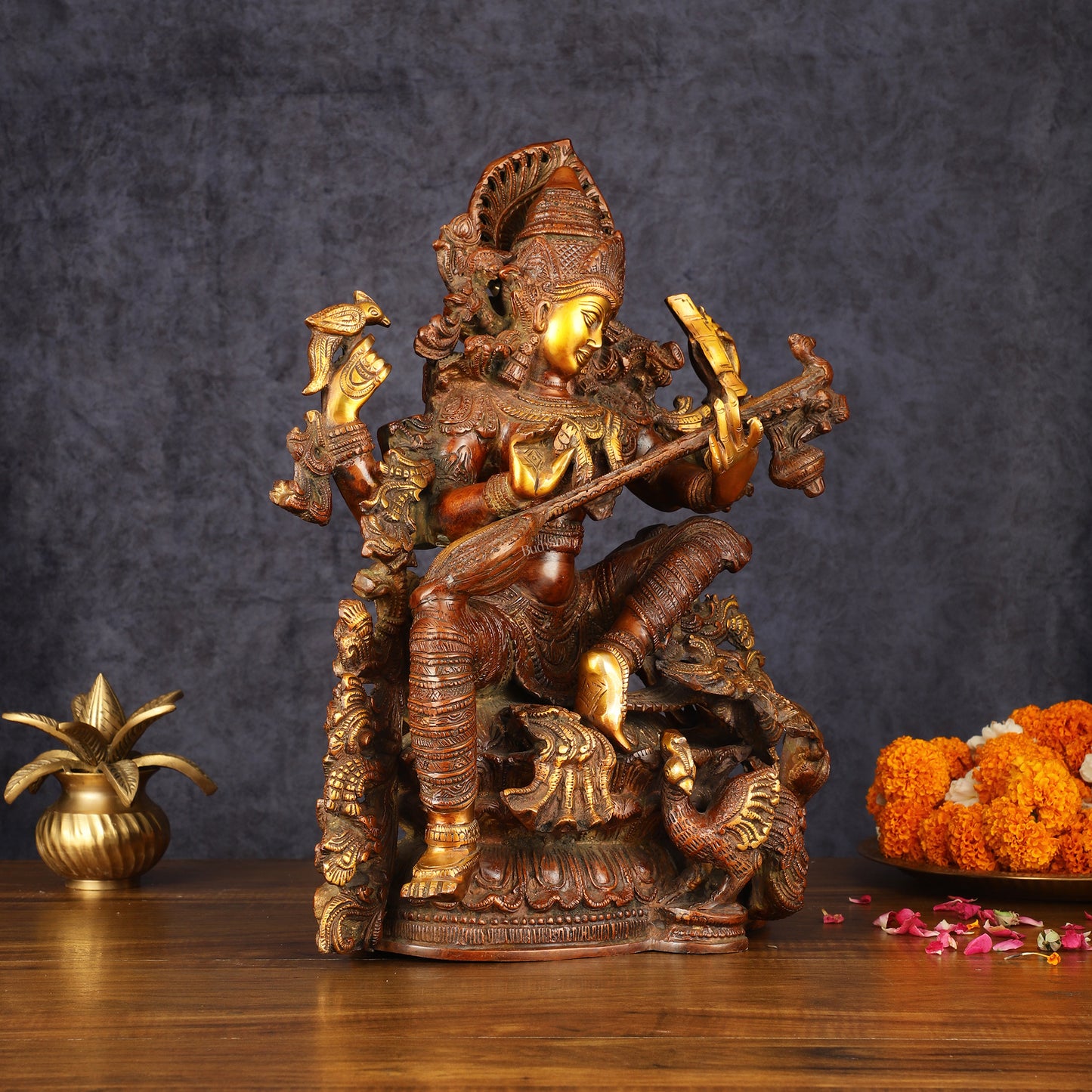 Exquisite Brass Bronze Finish Saraswati Idol - 16" Divine Sculpture