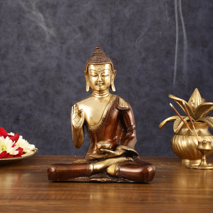 Pure Brass Blessing Buddha Idol - Dual Tone, 7.5" Height