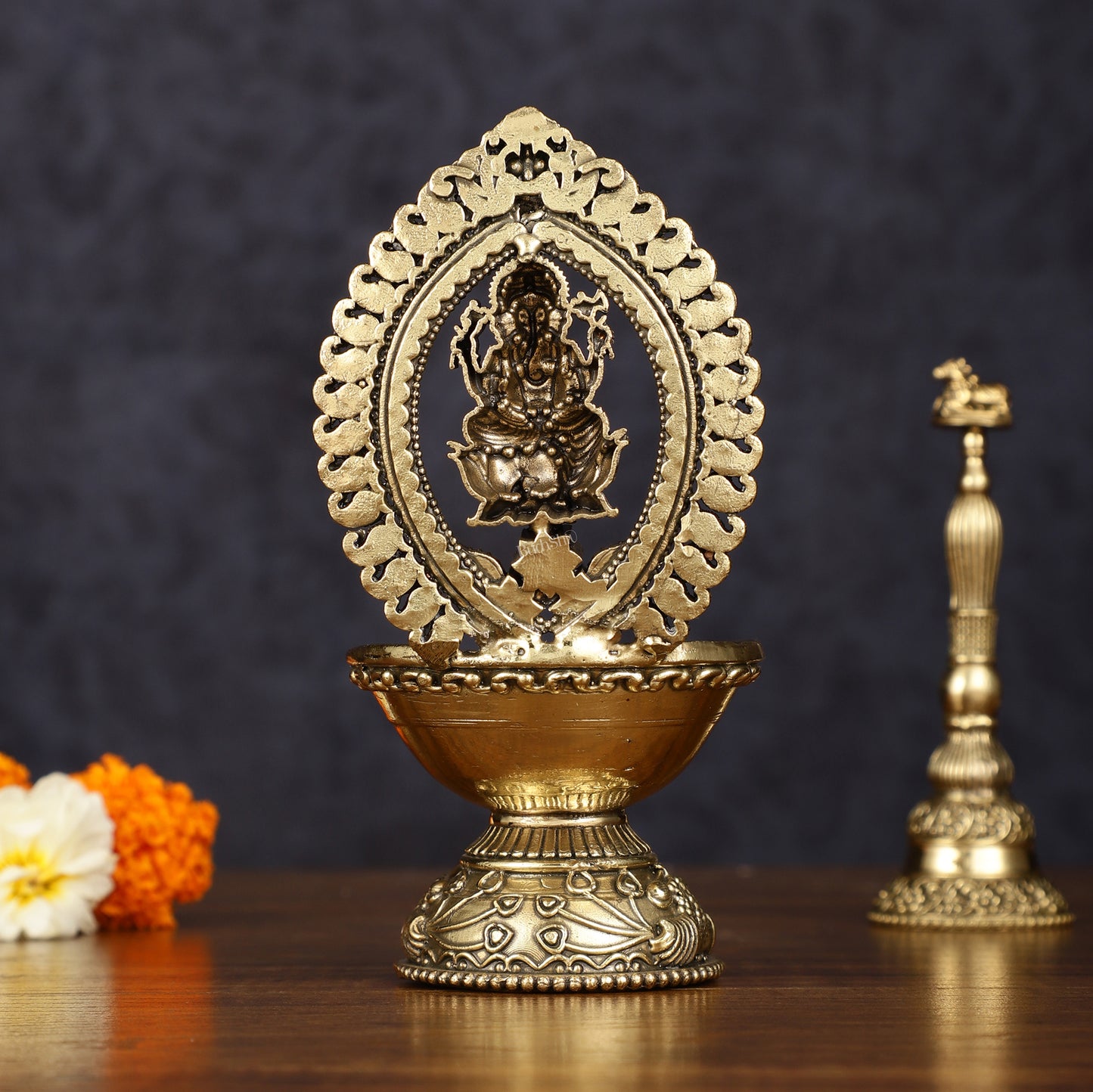 Brass Intricately Carved Ganesha Oil Lamp Diya - 6" Tall