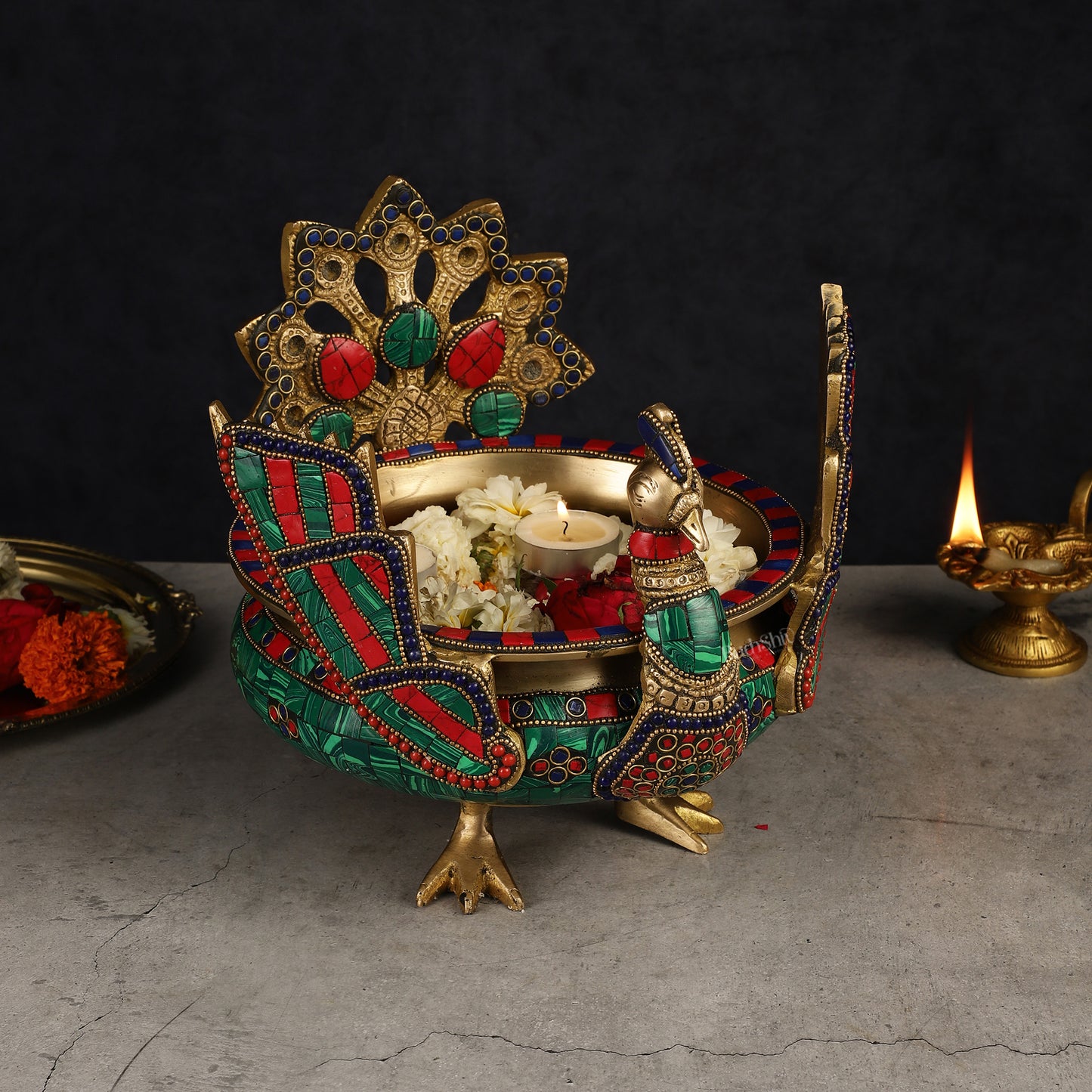 Brass Peacock Shaped Urli Bowl with Stand - Exquisite Decorative Accent