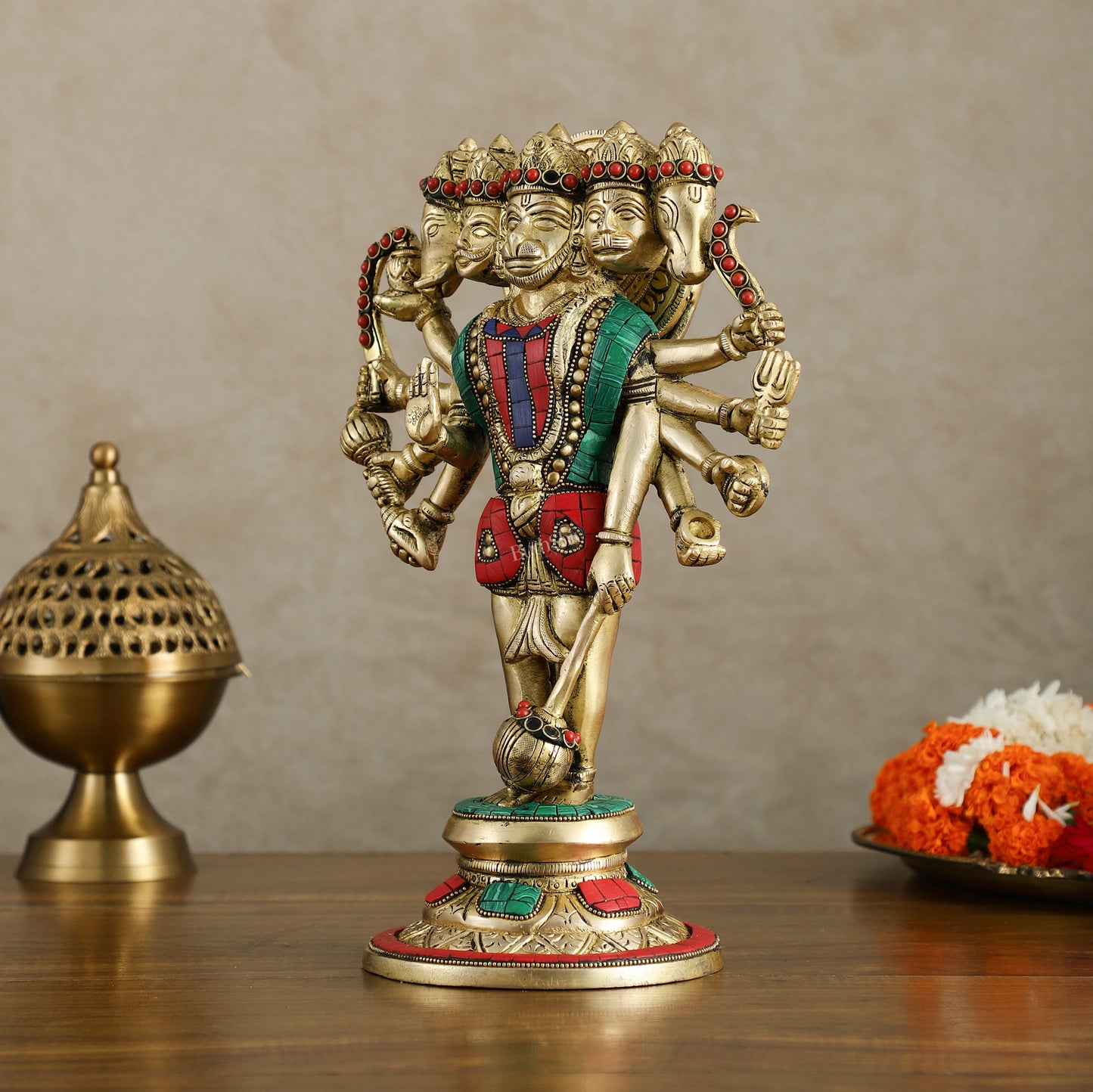 Brass Standing Panchmukhi Hanuman Idol 12 inch with stonework